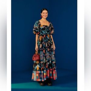 NWOT Women's Blue Black Sunset Tapestry Organic Cotton Maxi Dress SMALL